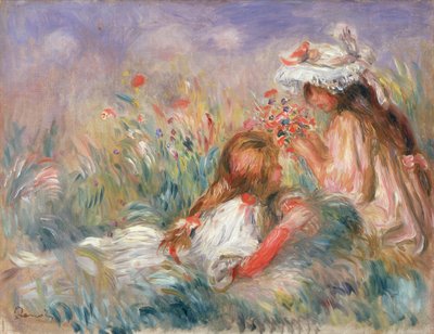 Dos niños sentados entre flores de Pierre Auguste Renoir
